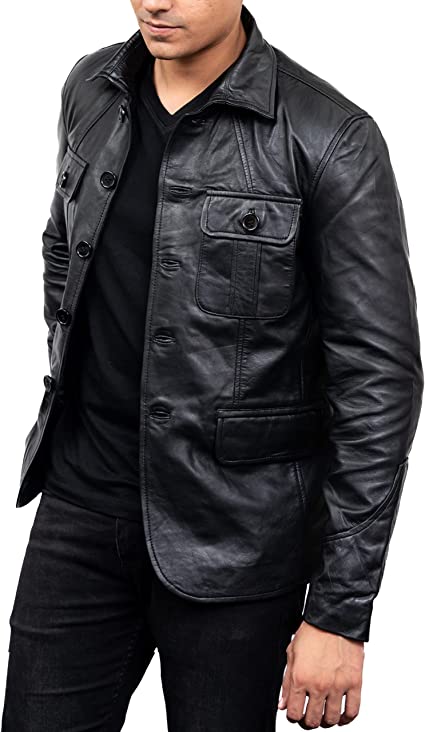 shirt style black leather jacket men